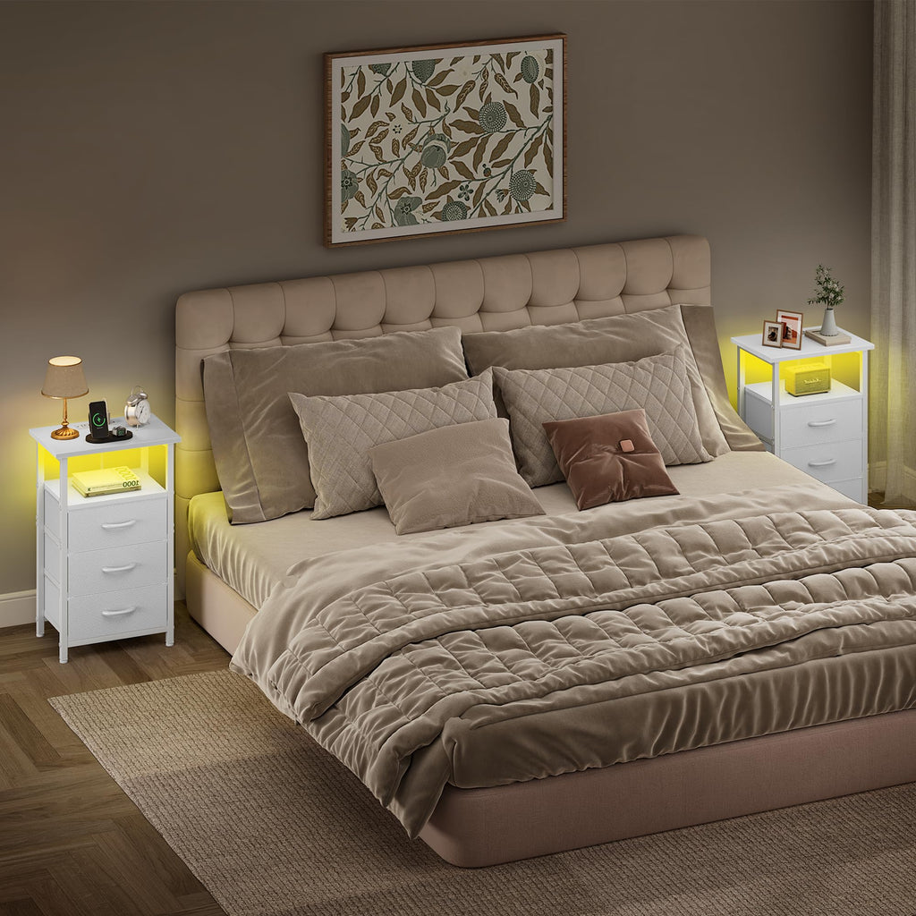 White Nightstand with Charging Station and 3 Fabric Drawers Q3065