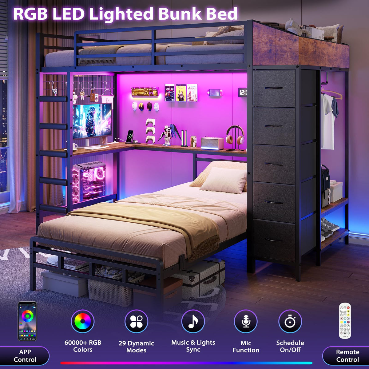Black L-Shaped Bunk Bed with Desk and Stairs P137