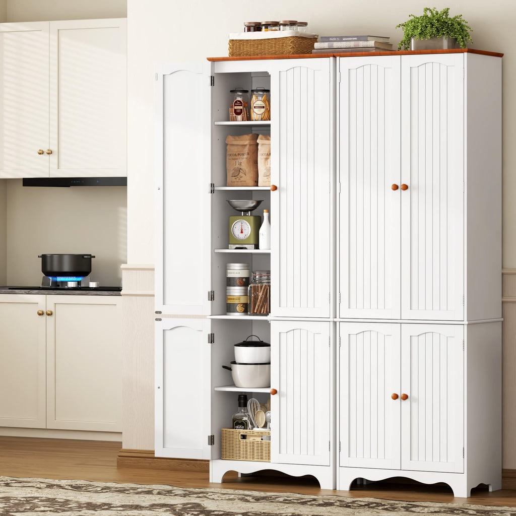 White 72" Kitchen Pantry Cabinet with Doors and Adjustable Shelves R862