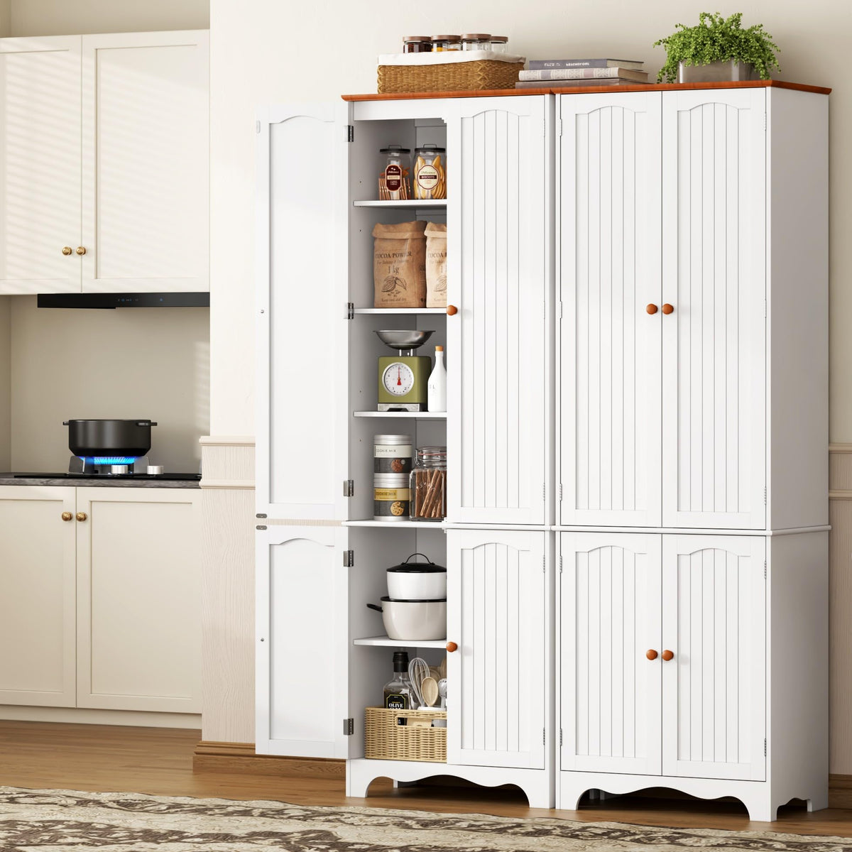 White 72" Kitchen Pantry Cabinet with Doors and Adjustable Shelves R862