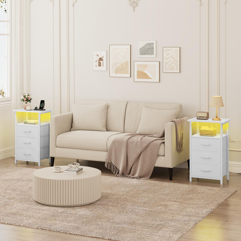 White Nightstand with Charging Station and 3 Fabric Drawers Q3065
