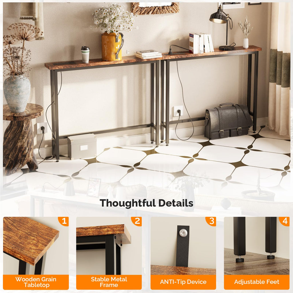 Rustic Brown Narrow Console Table with Power Outlet 2 Pack D2944