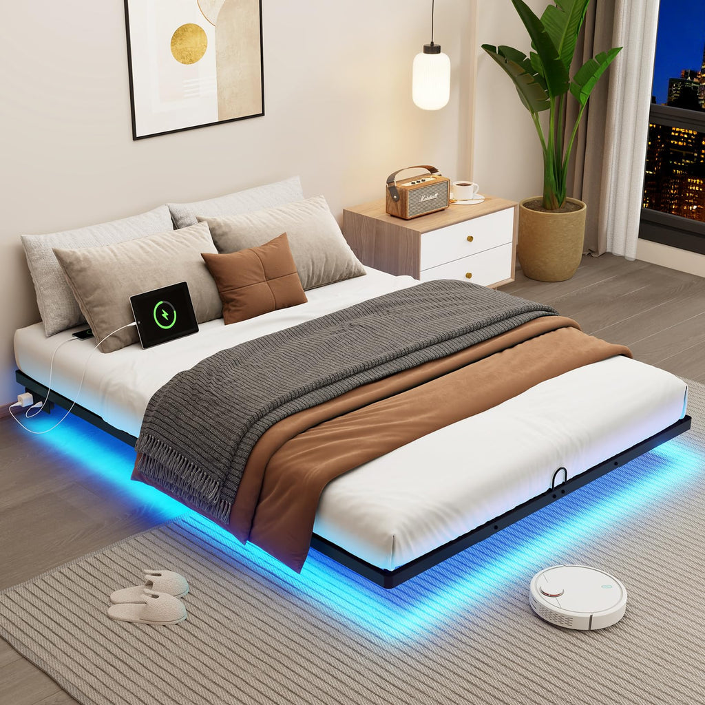 Full Size Metal Platform Bed Frame with LED Lights & Charging Station U8058