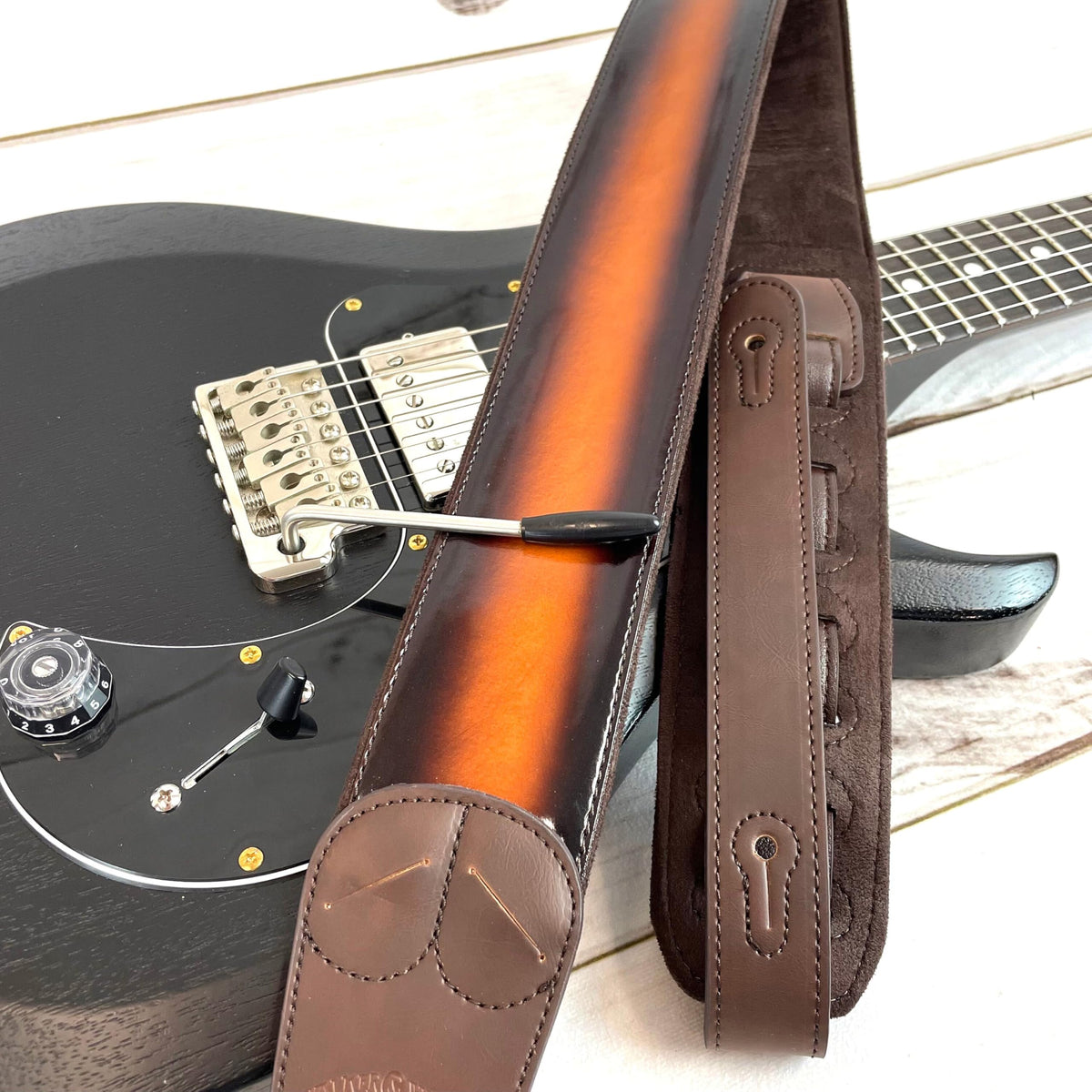 Sunburst Finish Guitar Strap with Pick Pockets & Padded Velour Back Q640638