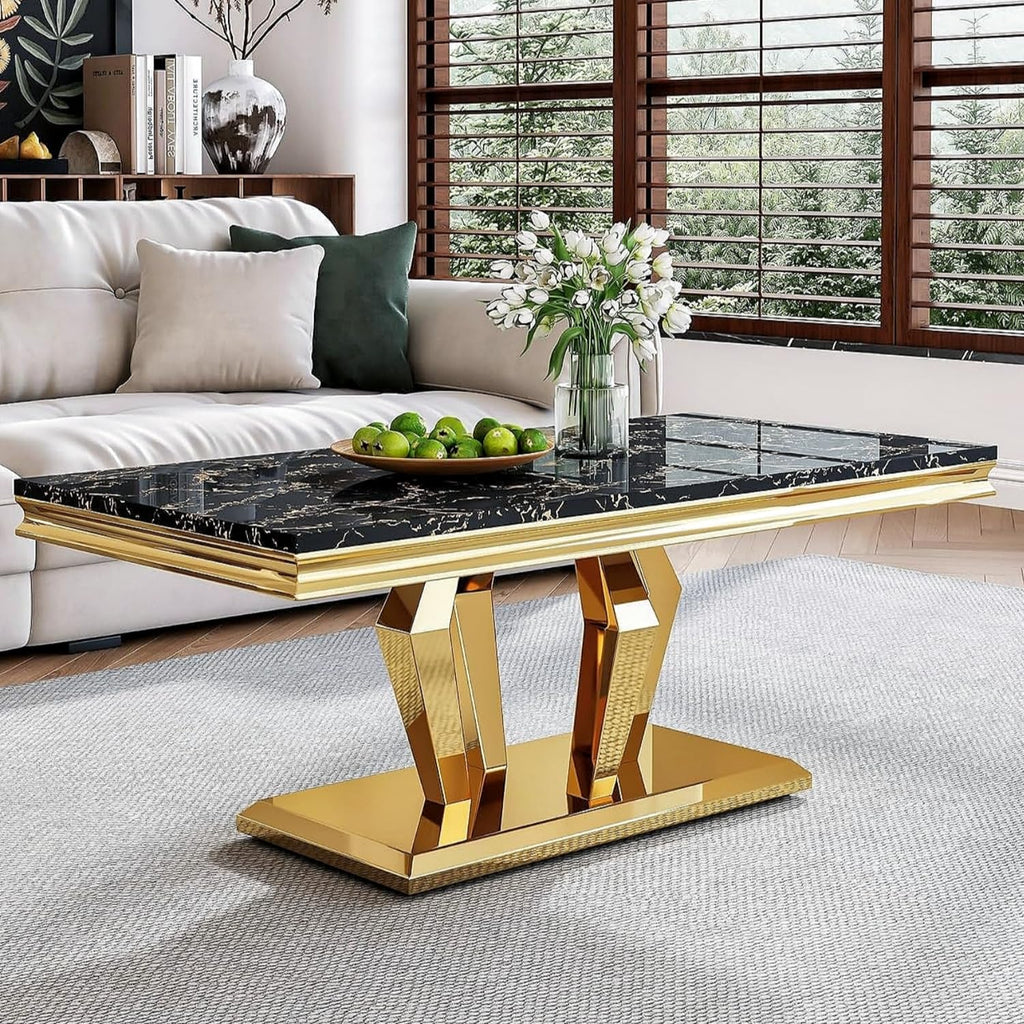 47" Faux Marble Rectangular Coffee Table with Mirrored Finish Stainless Steel Base N900