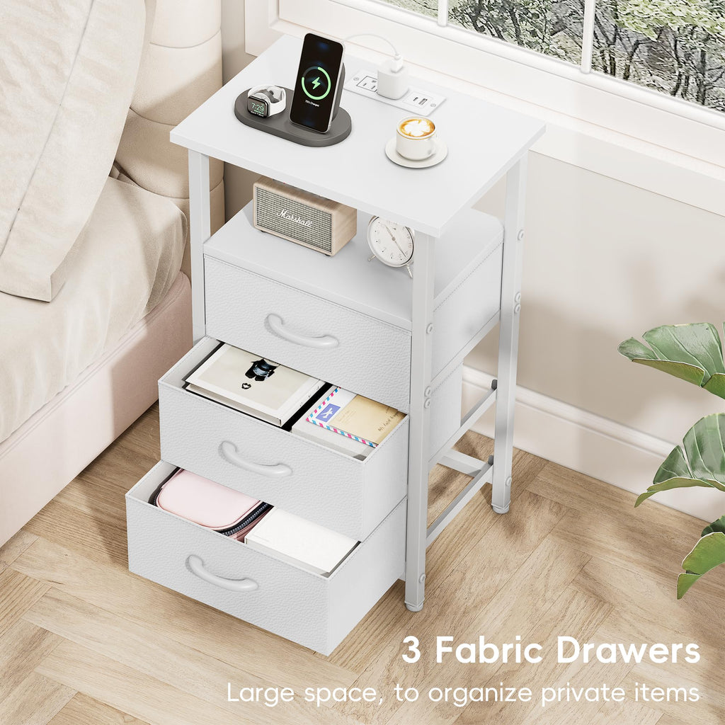 White Nightstand with Charging Station and 3 Fabric Drawers Q3065
