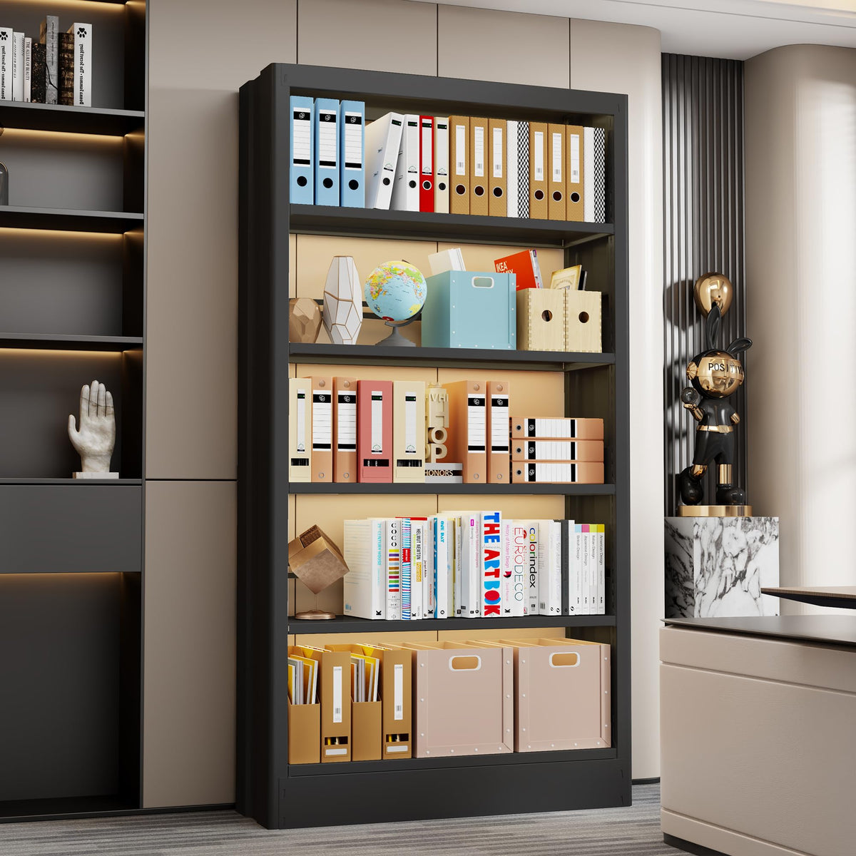 Black 5-Tier Metal Bookcase with Adjustable Shelves F239234