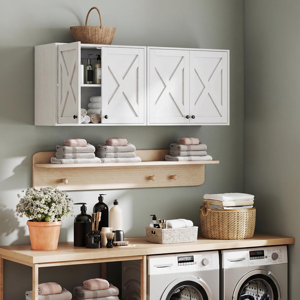 White Wall Mounted Laundry Room Cabinets W384