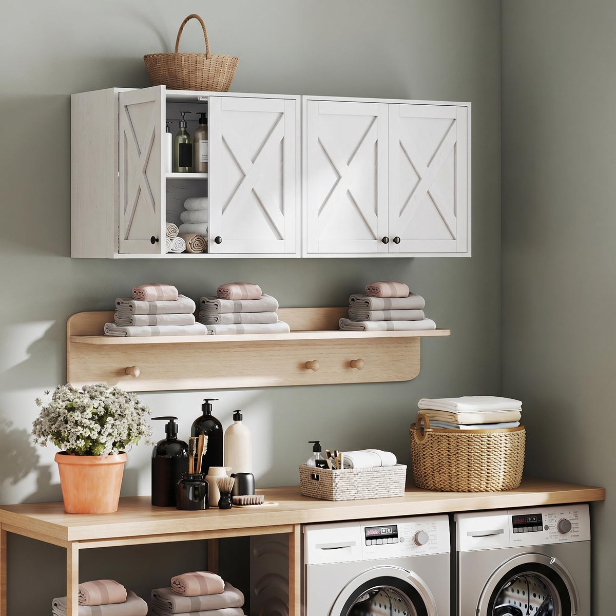 White Wall Mounted Laundry Room Cabinets W384