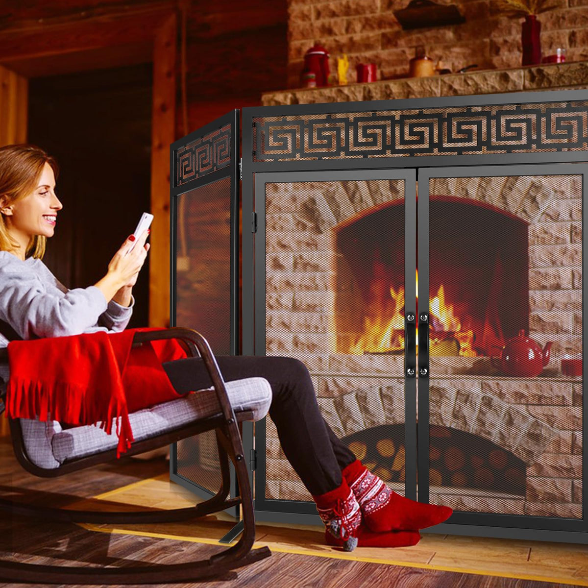 50"x32" Adjustable 3-Panel Fireplace Screen with Doors L95597