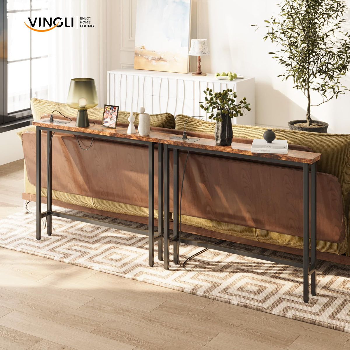 Rustic Brown Narrow Console Table with Power Outlet 2 Pack D2944