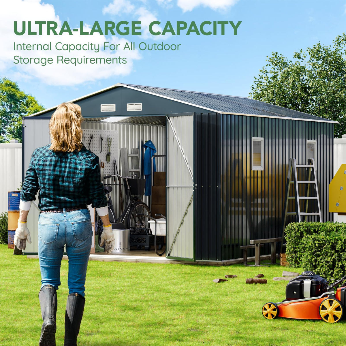 10x12X7.5FT Outdoor Steel Storage Shed with Lockable Doors and Frame Floor D524561