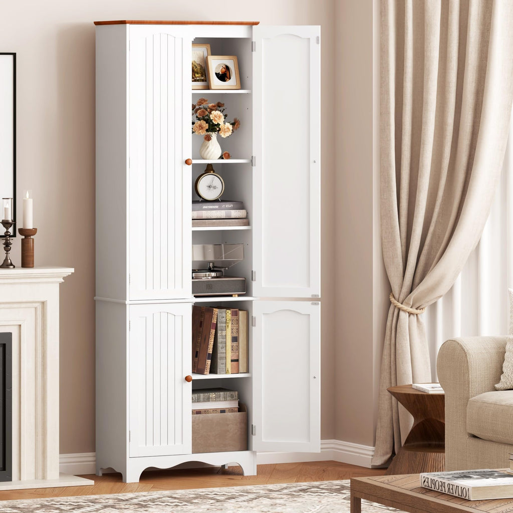 White 72" Kitchen Pantry Cabinet with Doors and Adjustable Shelves R862