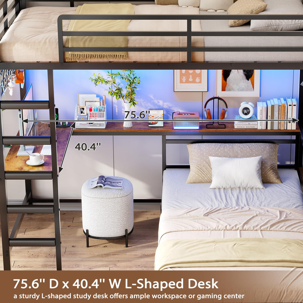 Black L-Shaped Bunk Bed with Desk and Stairs P137