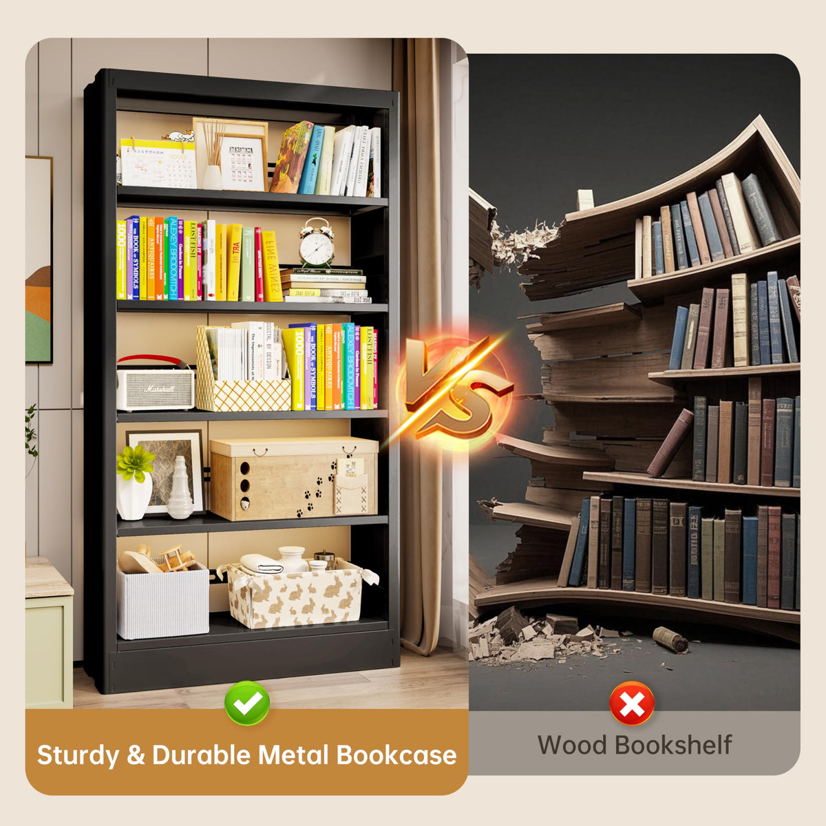 Black 5-Tier Metal Bookcase with Adjustable Shelves F239234