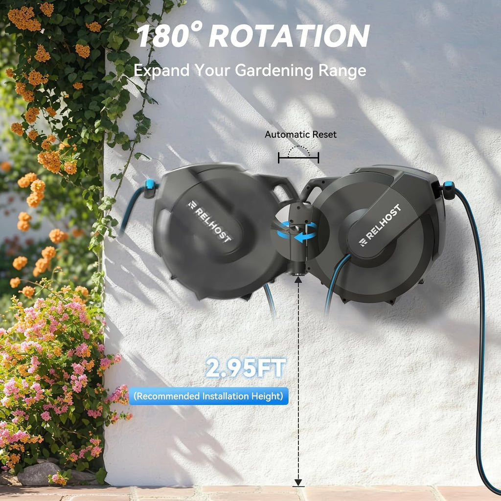 Retractable Garden Hose Reel, 5/8 in x 100 ft Wall Mount Heavy Duty with 10-Pattern Nozzle, Dark Grey V758