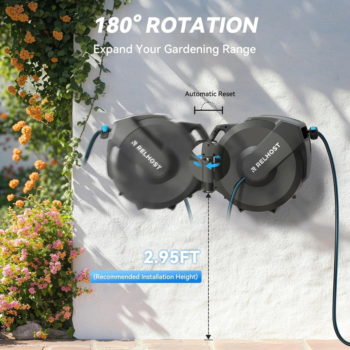 Retractable Garden Hose Reel, 5/8 in x 100 ft Wall Mount Heavy Duty with 10-Pattern Nozzle, Dark Grey V758