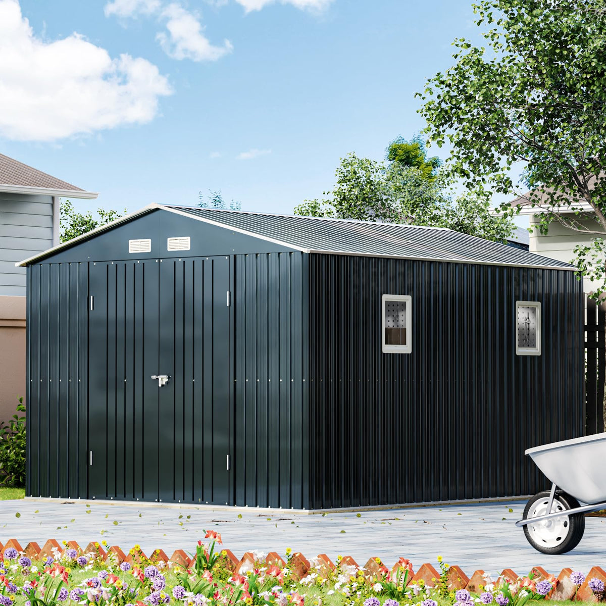 10x12X7.5FT Outdoor Steel Storage Shed with Lockable Doors and Frame Floor D524561