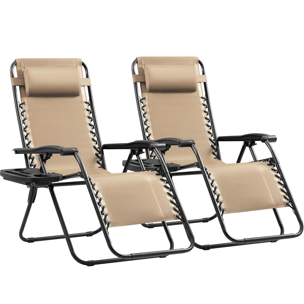 Set of 2 Beige Adjustable Steel Mesh Lounge Chairs with Cup Holder U584