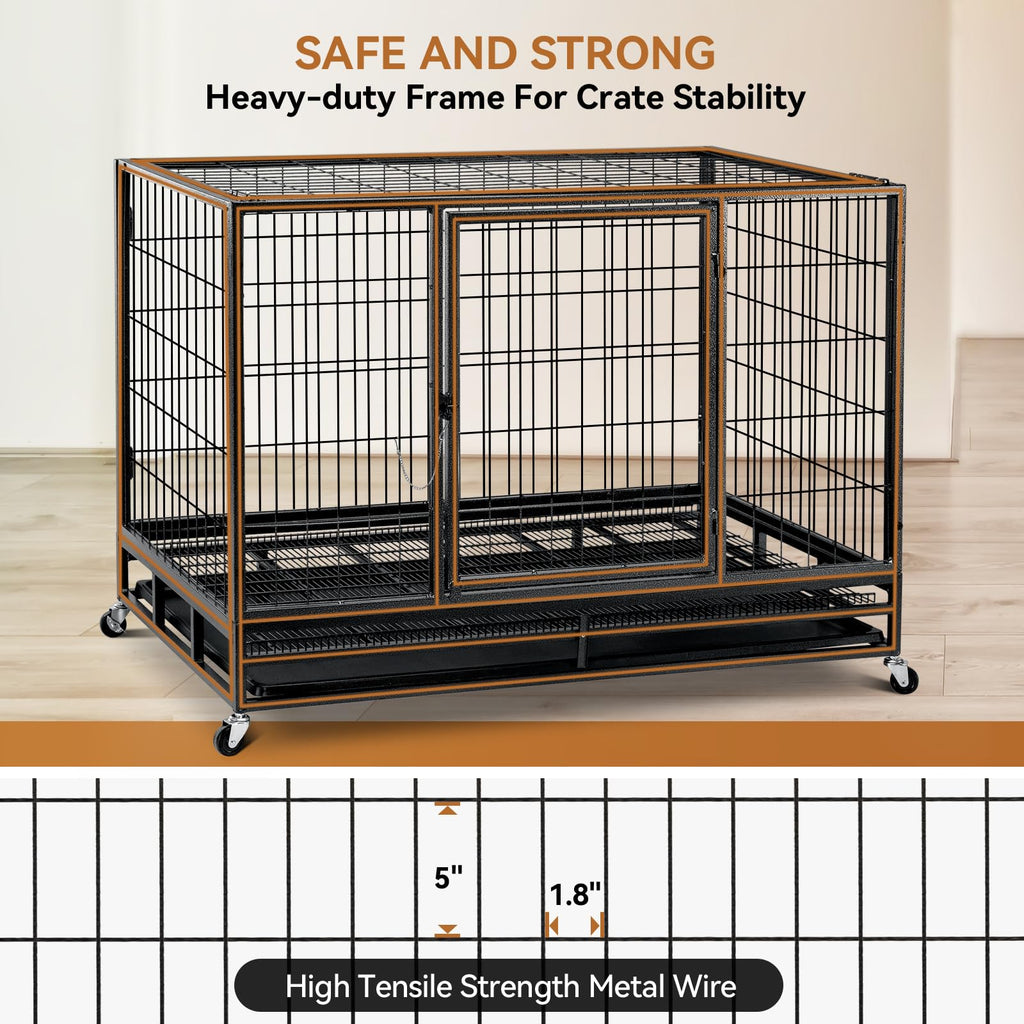 48 inch Wire Dog Crate with Lockable Wheels and Removable Tray B1919
