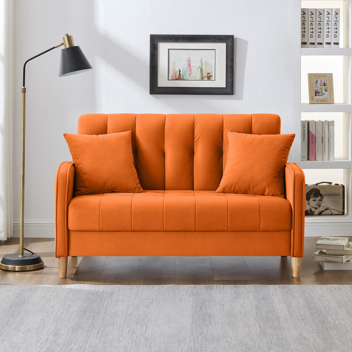 Orange Velvet Tufted Loveseat Sofa L717