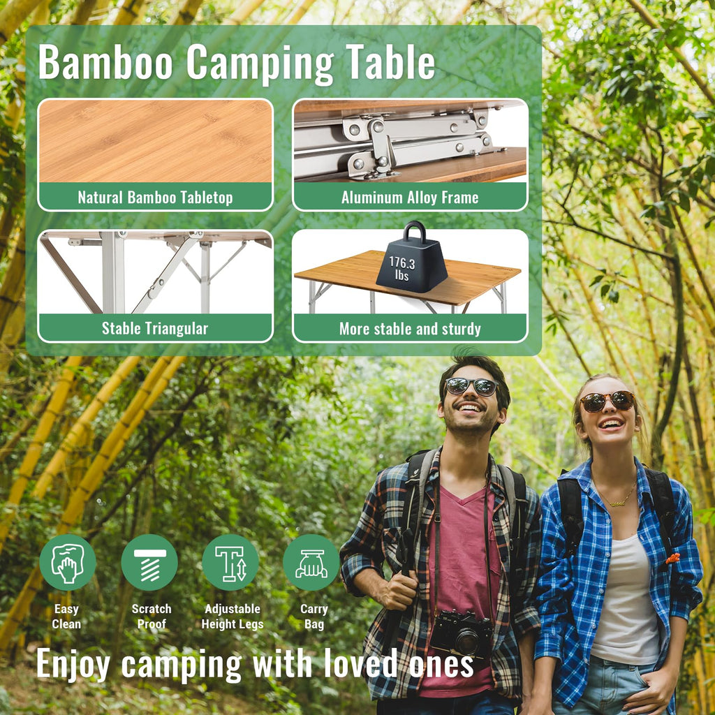 Folding Camping Table Bamboo Adjustable Portable Table U454804
