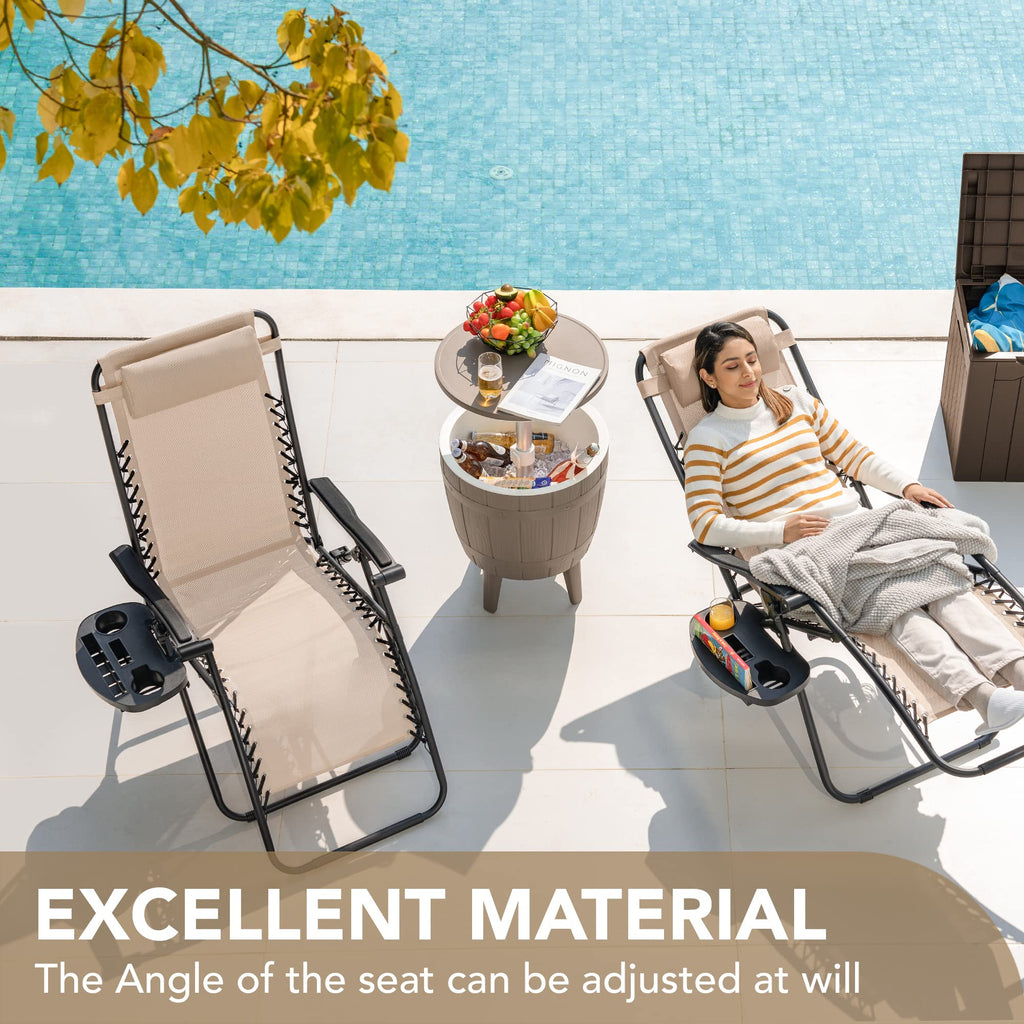 Set of 2 Beige Adjustable Steel Mesh Lounge Chairs with Cup Holder U584