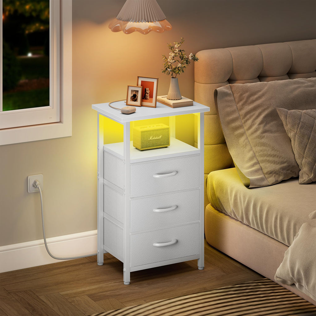 White Nightstand with Charging Station and 3 Fabric Drawers Q3065