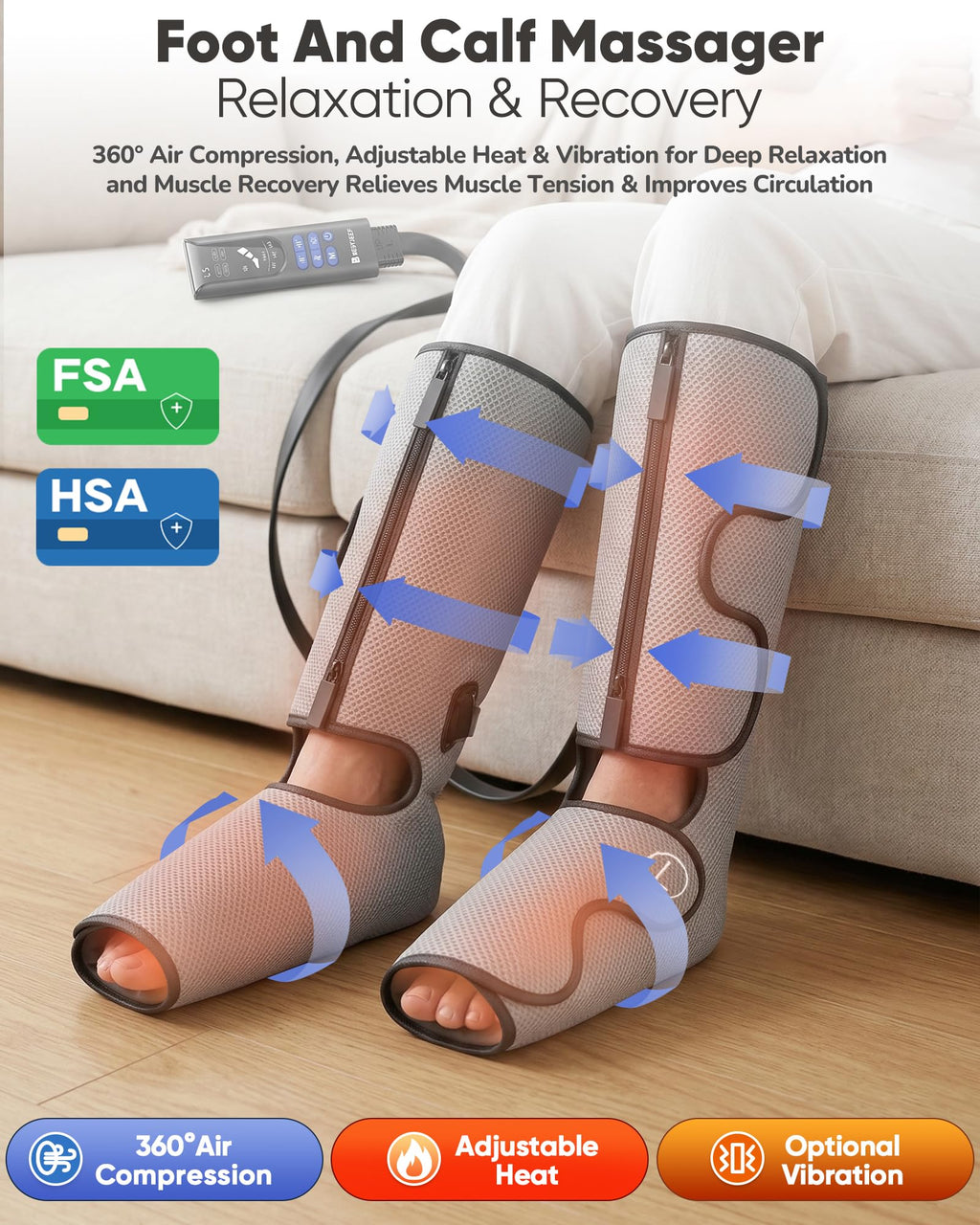 Air Compression Leg Massager with Heat, Foot and Calf Massager, 9 Intensity, 4 Modes, 3 Heating M159