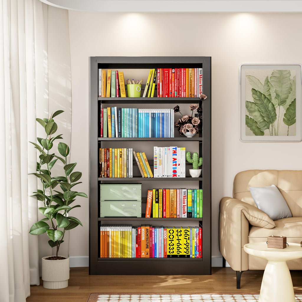 Black 5-Tier Metal Bookcase with Adjustable Shelves F239234