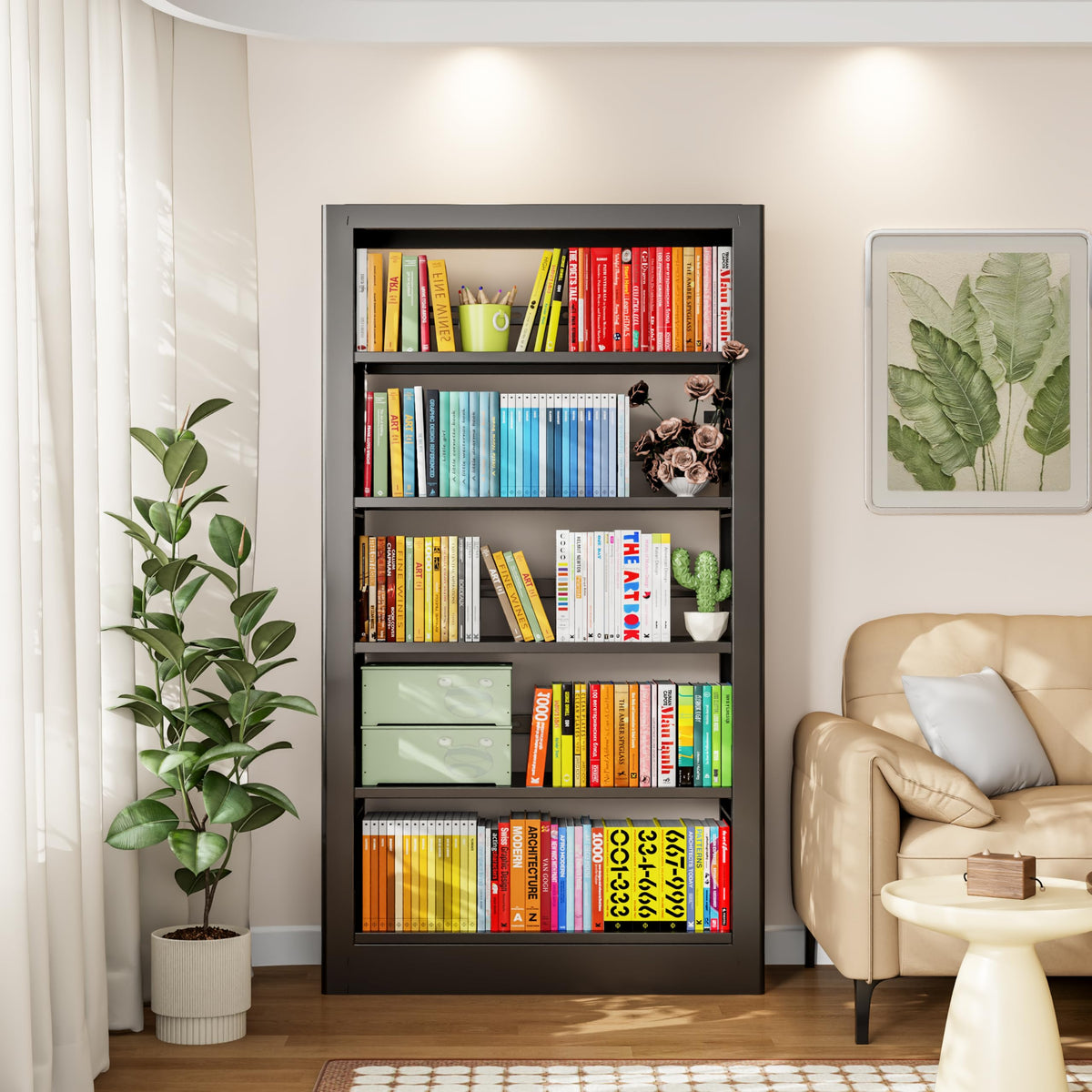 Black 5-Tier Metal Bookcase with Adjustable Shelves F239234