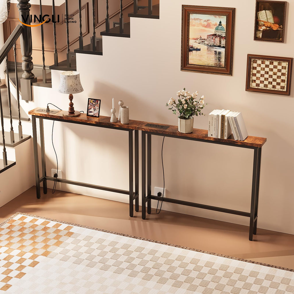 Rustic Brown Narrow Console Table with Power Outlet 2 Pack D2944