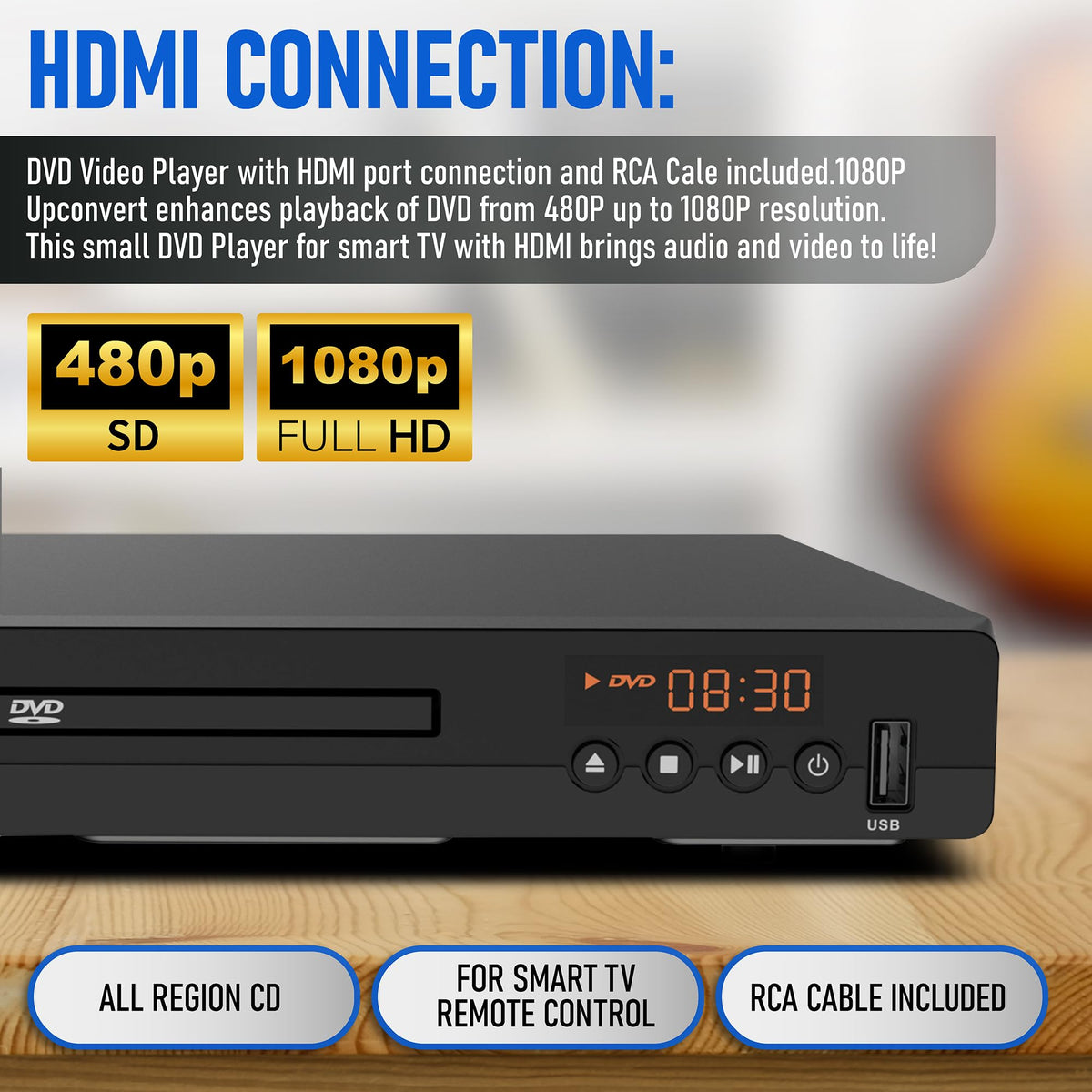DVD Player with HDMI Port 1080P All Region USB Input Remote Control U853