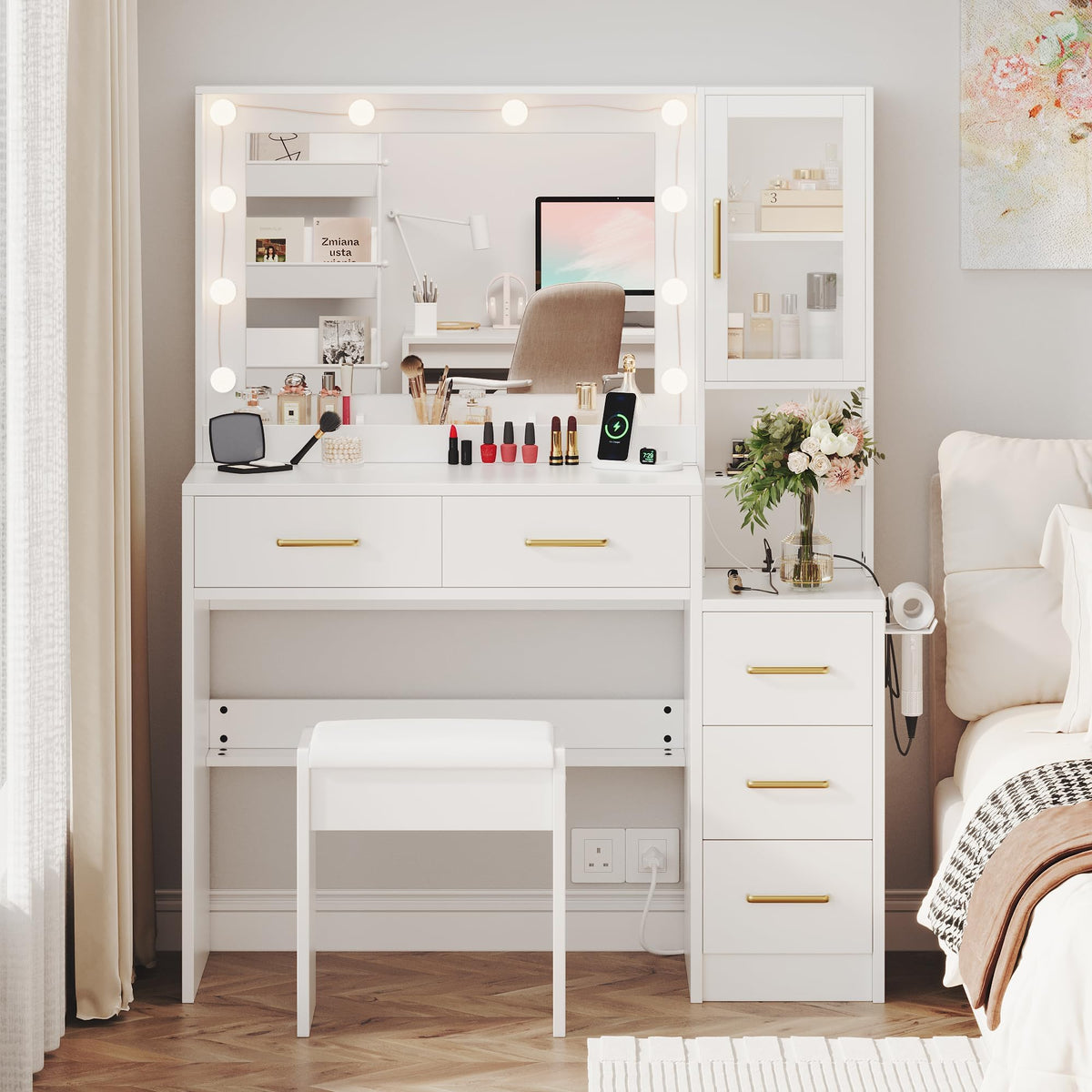 White Vanity Table with Drawer and Mirror D83534
