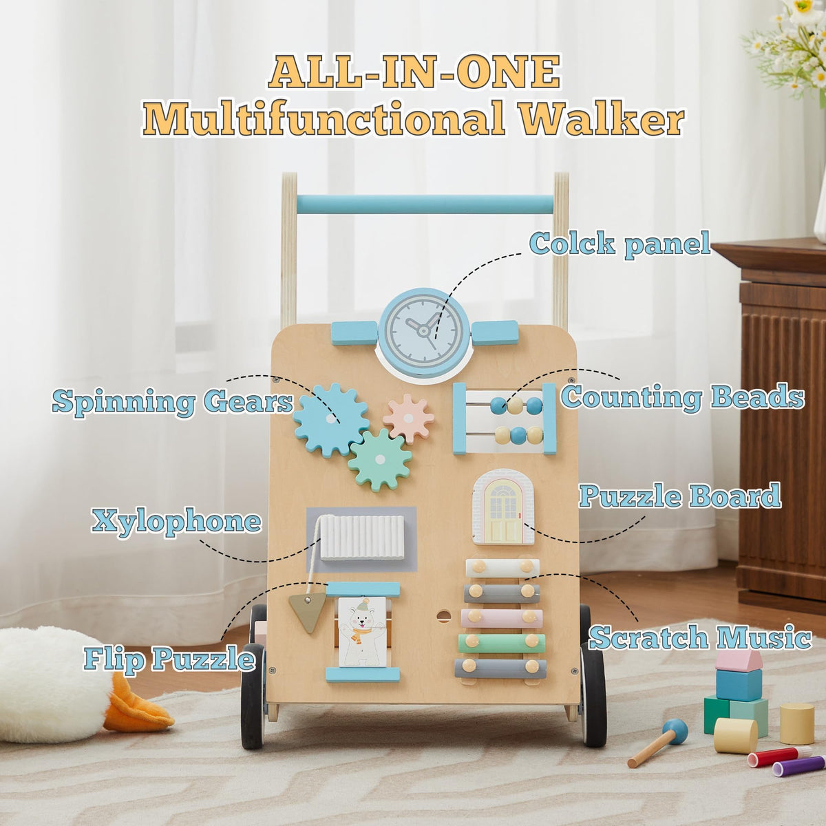 Blue Wooden Baby Walker with Activity Center K5329