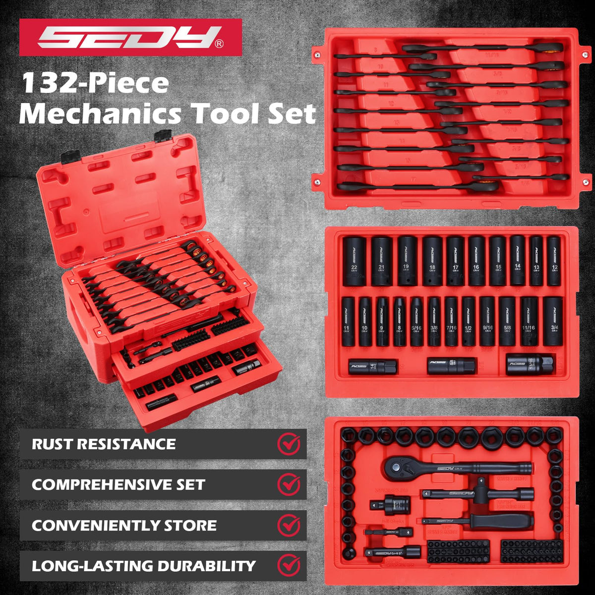 132-Piece SAE/Metric Mechanics Tool Set with Storage Case U337
