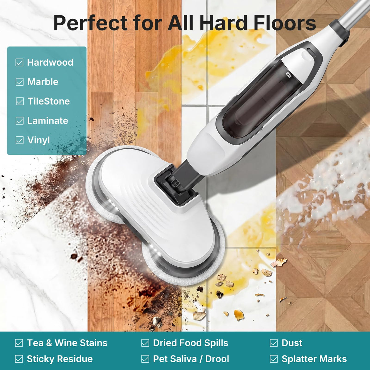 Steam Mop with Rotating Pads and 4 Cleaning Modes T676358