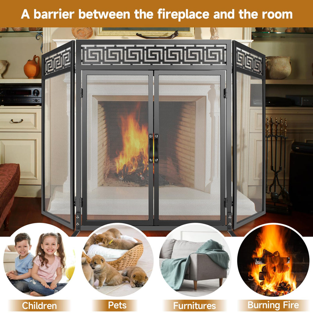 50"x32" Adjustable 3-Panel Fireplace Screen with Doors L95597