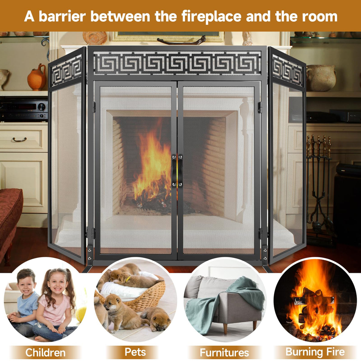 50"x32" Adjustable 3-Panel Fireplace Screen with Doors L95597