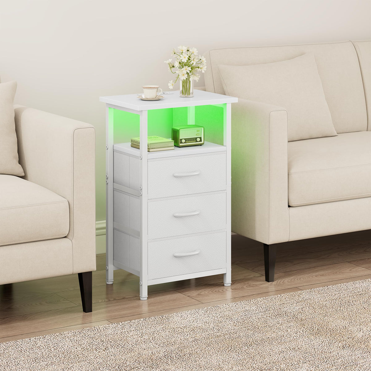 White Nightstand with Charging Station and 3 Fabric Drawers Q3065