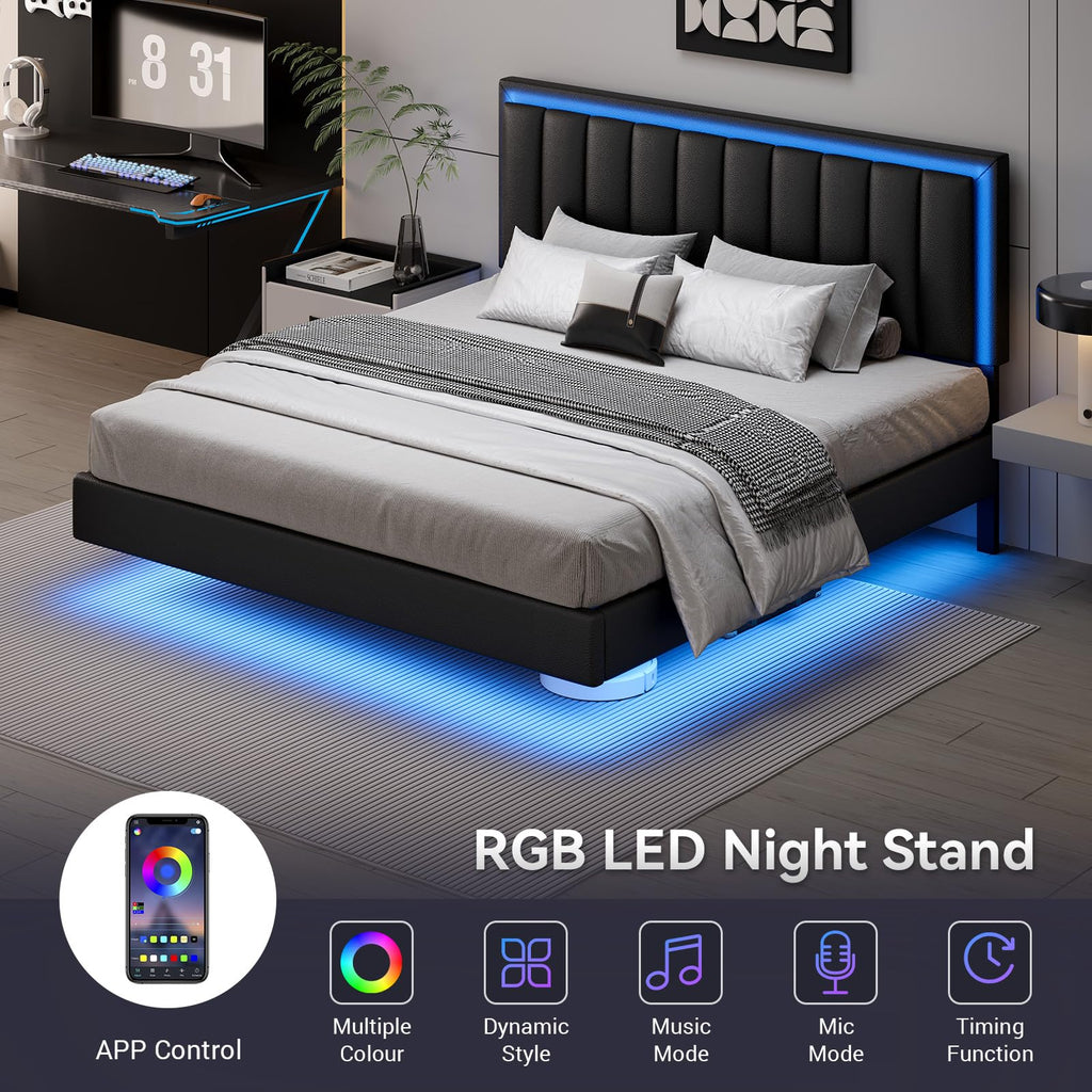 Black Full Size Floating Bed Frame with LED Lights B99623