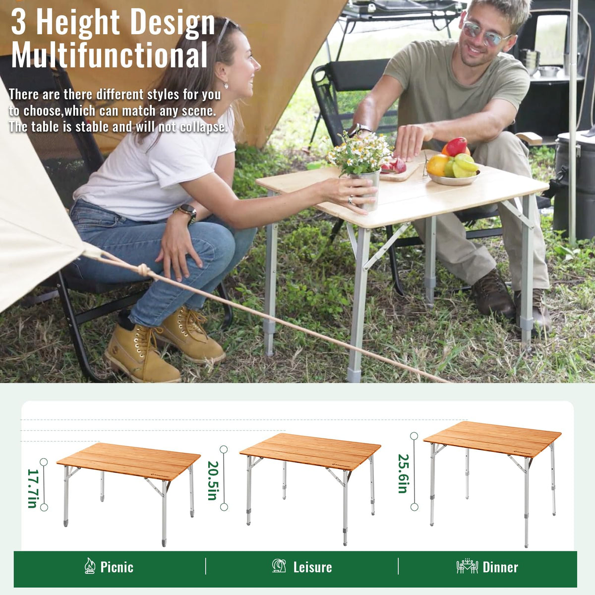 Folding Camping Table Bamboo Adjustable Portable Table U454804