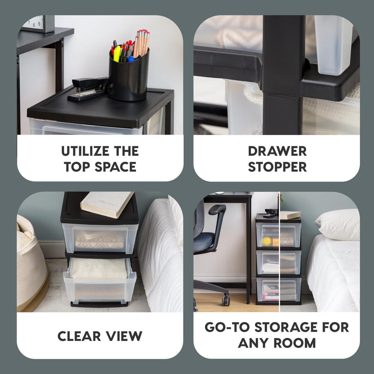 3 Drawer Slim Narrow Storage Organizer, 2-Pack, Black/Clear S837875