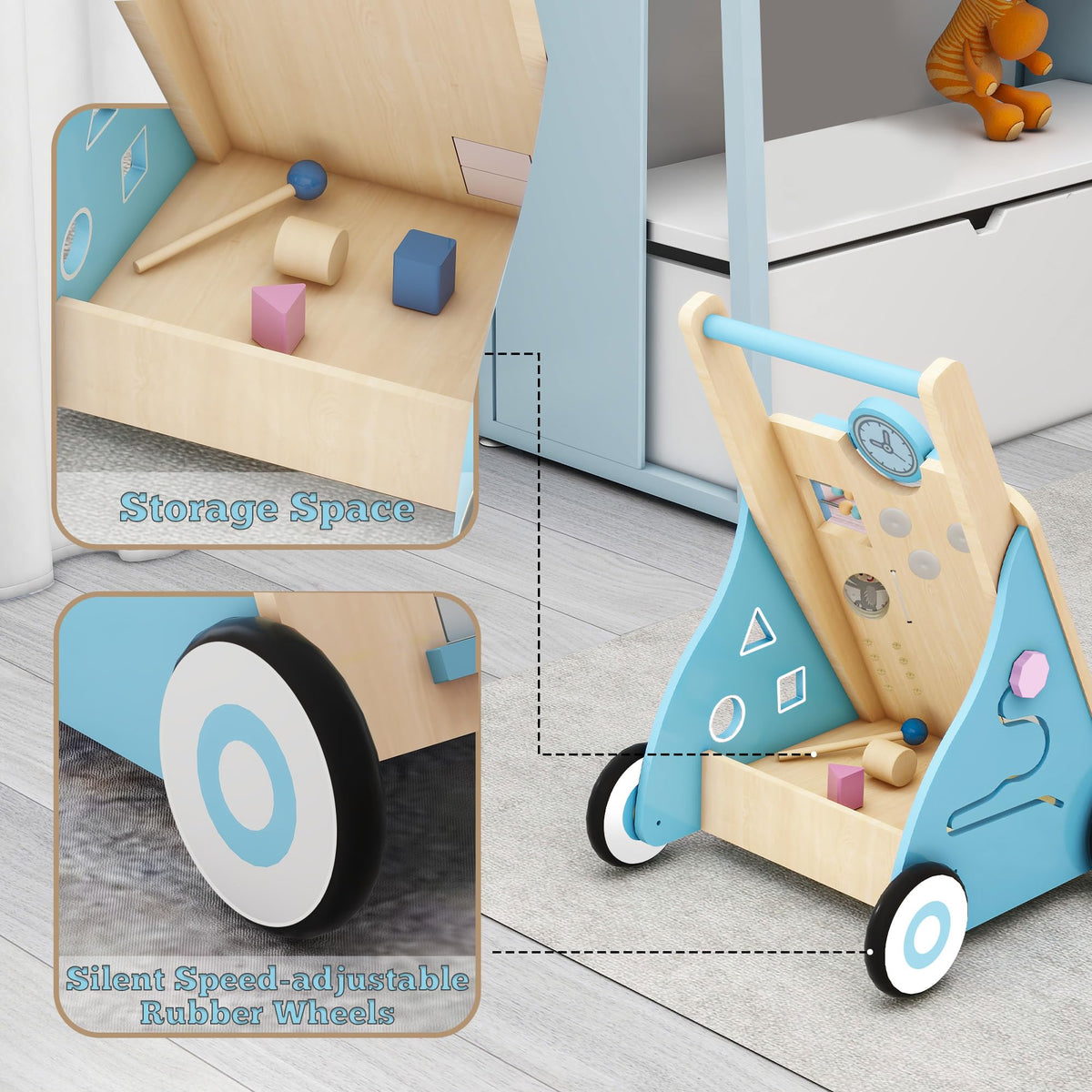 Blue Wooden Baby Walker with Activity Center K5329