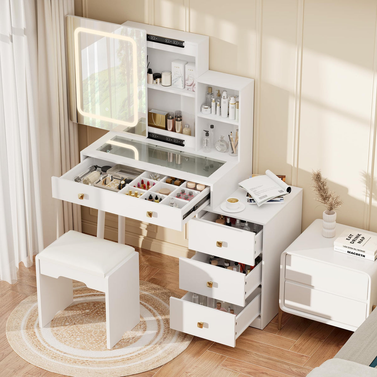 White Vanity Desk with Sliding Mirror and Lights, 4 Drawers, Stool P19857