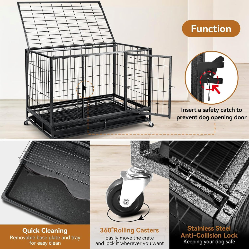 48 inch Wire Dog Crate with Lockable Wheels and Removable Tray B1919