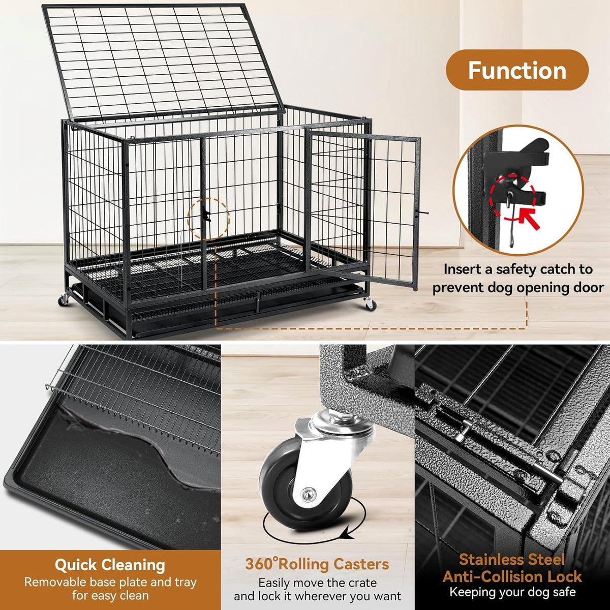 48 inch Wire Dog Crate with Lockable Wheels and Removable Tray B1919