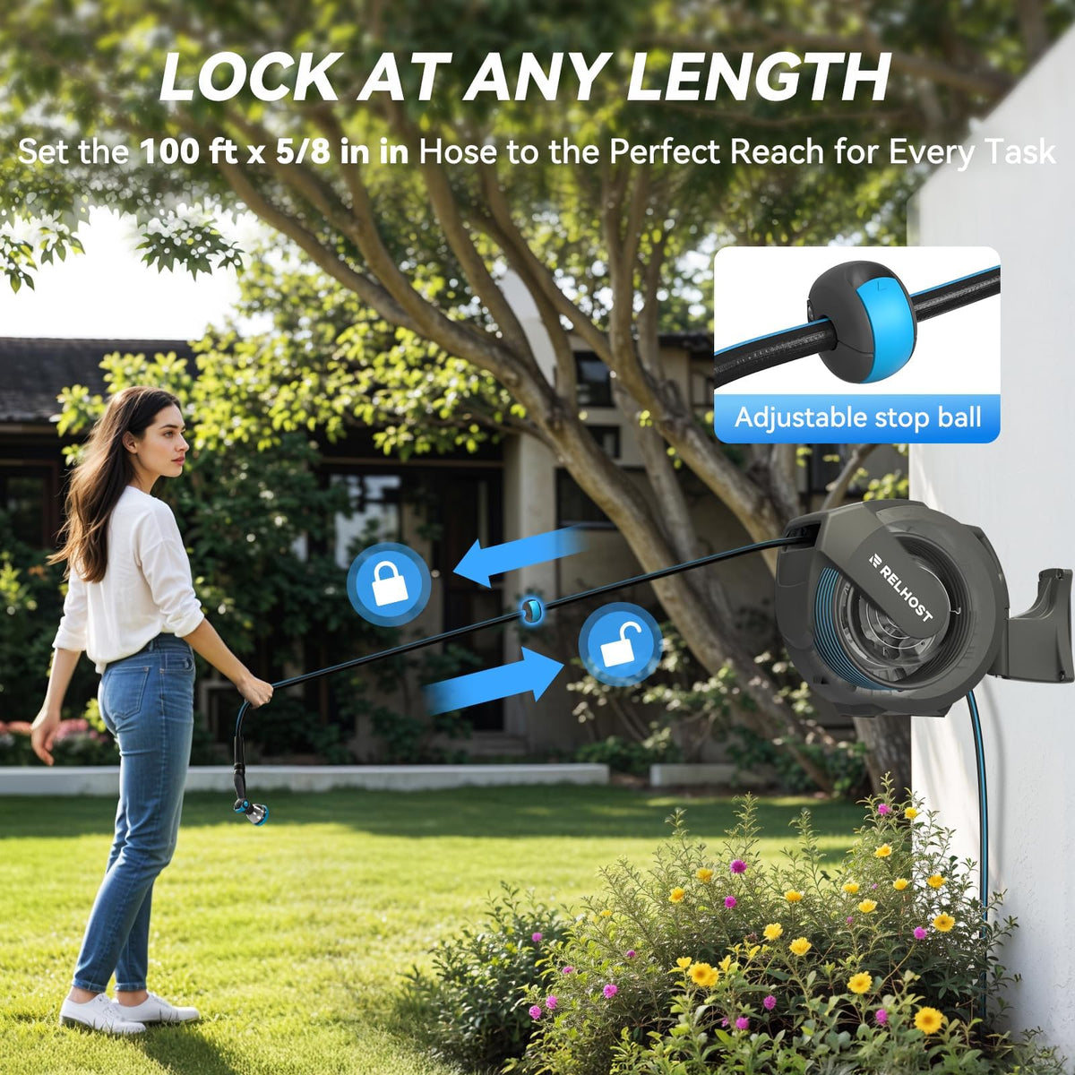 Retractable Garden Hose Reel, 5/8 in x 100 ft Wall Mount Heavy Duty with 10-Pattern Nozzle, Dark Grey V758