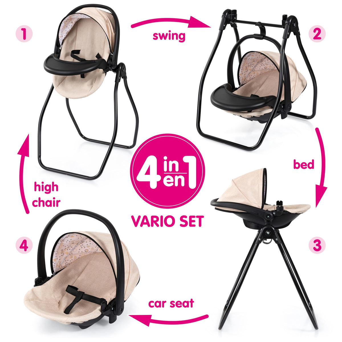 4-in-1 Doll Highchair, Swing, Bed & Car Seat P244