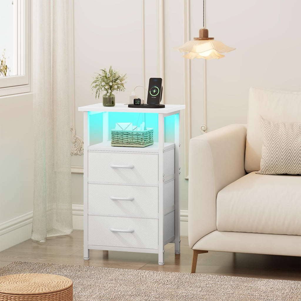 White Nightstand with Charging Station and 3 Fabric Drawers Q3065